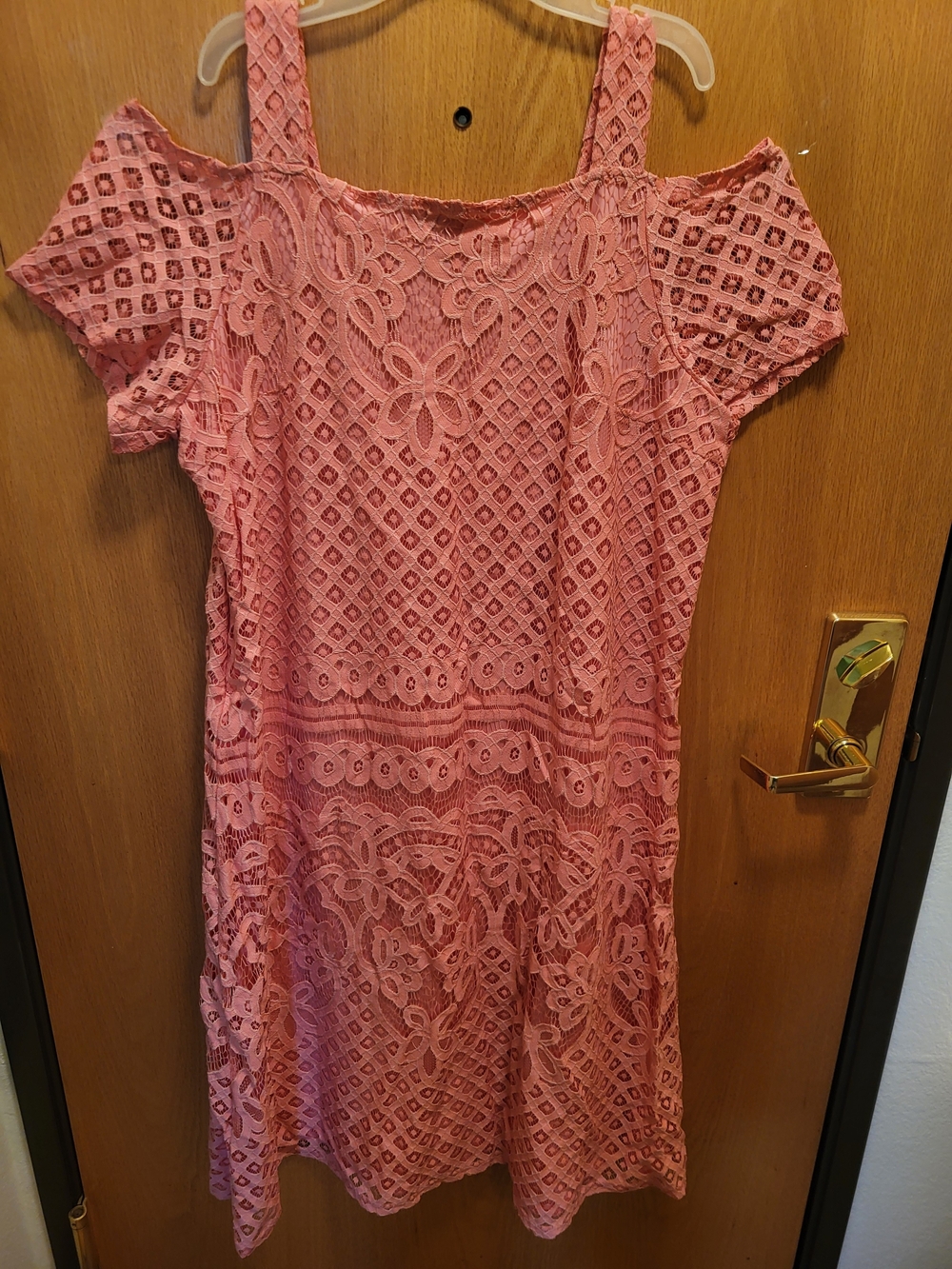 Roaman's Peach Lace Cold-Shoulder Mini Dress